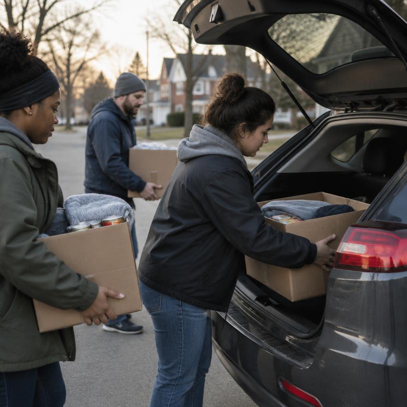 Voluntários carregando caixas de doações em um carro