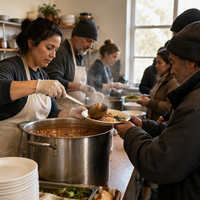 Voluntários servindo refeições em uma cozinha comunitária