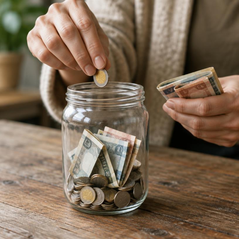 Mãos depositando moedas e notas em um pote de doações